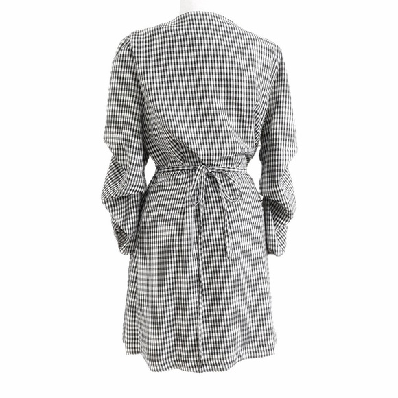 HIGHLINE COLLECTIVE BLACK WHITE 3/4 PUFFY SLEEVE WRAP MINI DRESS - Picture 4 of 10